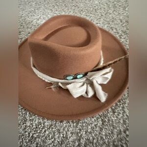 Adjustable Brown Felt Wide-Brim Hat with Bow Accent